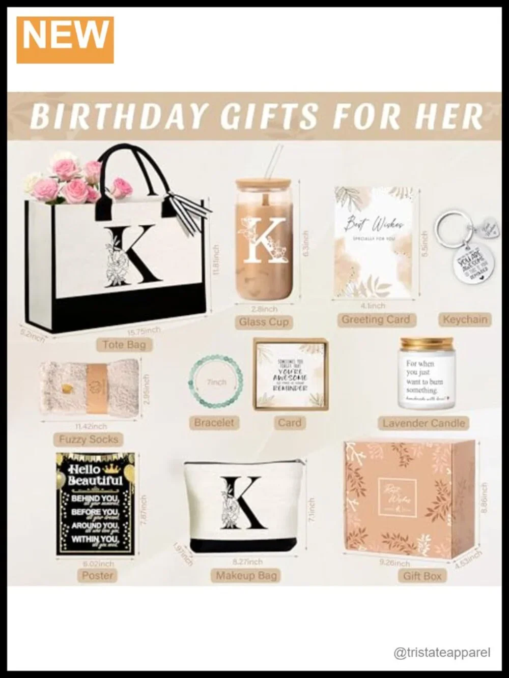 Monogrammed Tote Bag Gift Set w/ Cosmetic Bag, Glass Cup, Keychain, Candle,
